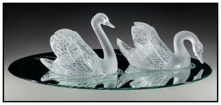 Lalique Studios Large Crystal Cygnes Swans Mirror Signed Sculpture Antique Art
