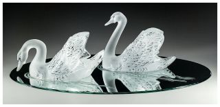 Lalique Studios Large Crystal Cygnes Swans Mirror Signed Sculpture Antique Art 2