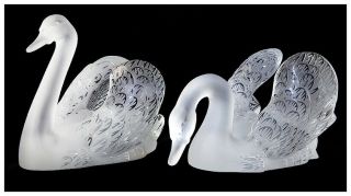 Lalique Studios Large Crystal Cygnes Swans Mirror Signed Sculpture Antique Art 3
