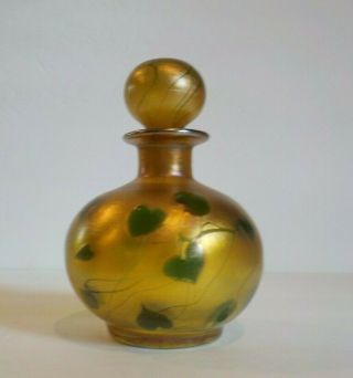 L.  C.  Tiffany Favrile Golden Iridescent Art Glass Perfume Bottle,  Green Leaves