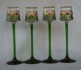 4 Antique Theresienthal Art Nouveau Bohemian Glass Cordials