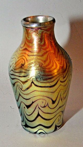 Antique Lct Tiffany Favrile Type Gold Damascene Pattern Art Glass Vase 9 " H