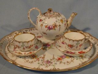 Exquisite Antique Dresden Porcelain Demitasse 6 Pc.  Tea Set W/tray - Floral Gilt
