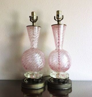 Barovier & Toso Pink & Silver Dust Murano Glass Table Lamps,  1950s Italy