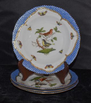 8 Herend Dessert Plates - Rothschild Birds W/blue Border - 1520/ro - Eb -