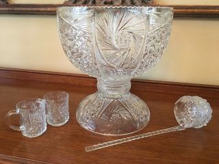 Large Clear Glass Punch Bowl Set With 12 Cups And Ladle Vintage.