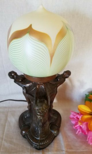 Unsigned Quezal,  Pulled - Feather Lamp Shade/globe,  On Unique Art Deco Desk Lamp.