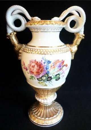 15 " Meissen Neoclassical Snake Handled Porcelain Vase W/ Hand Painted Flowers