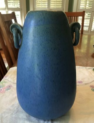 Fulper Large Blue Glaze Art Pottery With Ring Handles,  Marked,  12 3/4 In