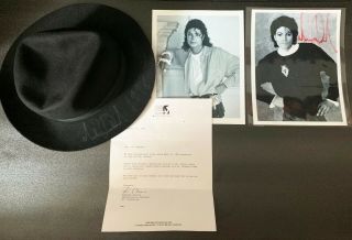 Michael Jackson Signed Worn Fedora,  Mjj Letter,  2 Mjj Photos (1 Signed)