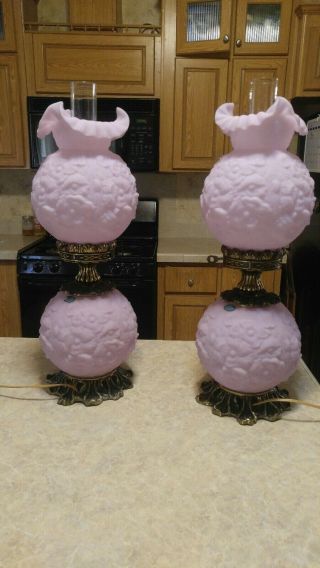 Pair (2) Vintage Fenton Lamps,  (gwtw) Poppy,  Lavender Satin.