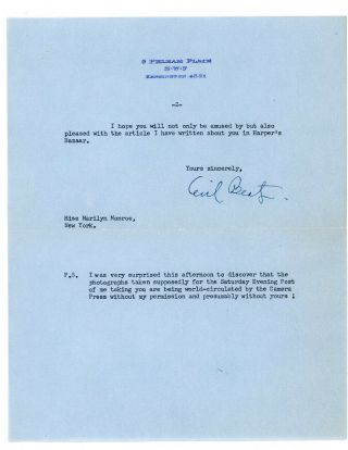 MARILYN MONROE RECVD CECIL BEATON 1956 SIGNED TYPED LETTER IMPORTANT CONTENT 2