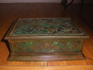 Antique Tiffany Studios Ny Grapevine Large Bronze & Slag Glass Jewelry Box 830