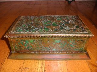 Antique Tiffany Studios NY Grapevine large bronze & slag glass jewelry box 830 4