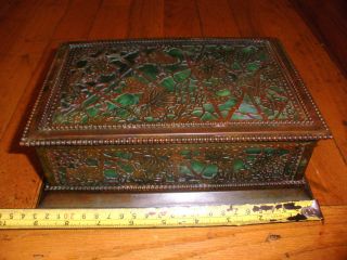 Antique Tiffany Studios NY Grapevine large bronze & slag glass jewelry box 830 5