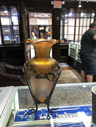 Antique Loetz Art Glass Vase With Bronze Frame