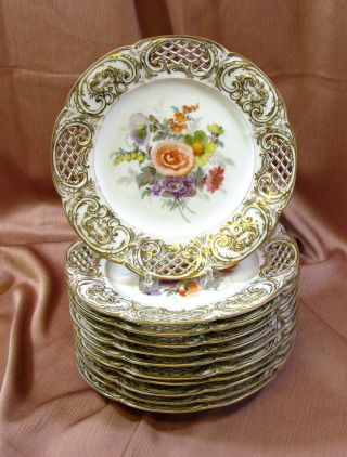 Kpm 12 Hand Painted Floral Bouquet W/reticulated Gilt Edge Plates 9 " Rd