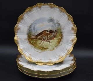 (4) M Redon Mr Limoges Relief Mold Hand Painted Game Birds & Gold 8 3/4 " Plates