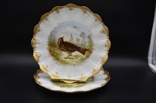 (4) M Redon MR Limoges Relief Mold Hand Painted Game Birds & Gold 8 3/4 
