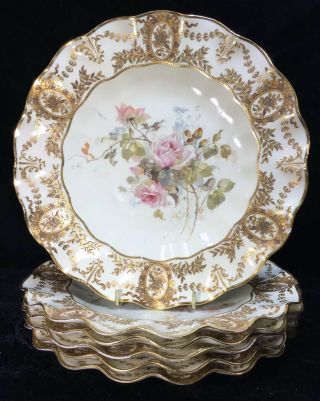 (6) Antique Royal Crown Derby Beaded & Embossed 8.  75 Inch Plates - C.  1891 - 1892