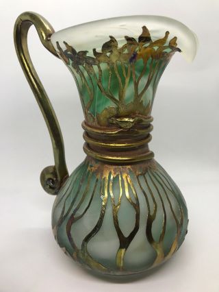 Fab Vintage Loetz Green Swirl Art Glass W Brass Floral Overlay Design Pitcher