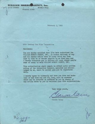 Claude Rains - Document Signed 02/05/1960
