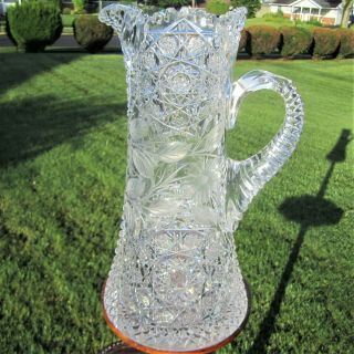 Huge Antique American Brilliant Old Cut Glass Pitcher Vase Ewer Tankard 11lb 13 "