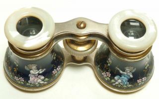 Antique Cherubs/ Musicians Enamel French Opera Glass & Case 8
