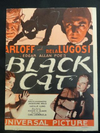 Rare 1934 The Black Cat Karloff & Lugosi Window Card Poster - Trimmed