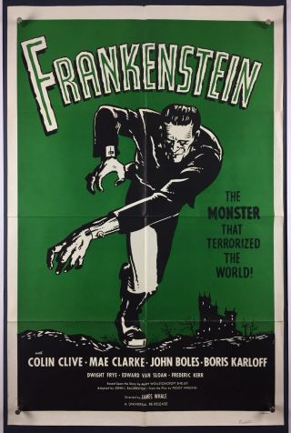 Frankenstein Movie Poster (fine, ) One Sheet 1960s Rerelease Boris Karloff Horror