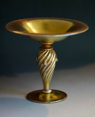 Carder Steuben Gold Aurene Compote With Prunts 6 " Tall And 6 1/2 " Diameter.