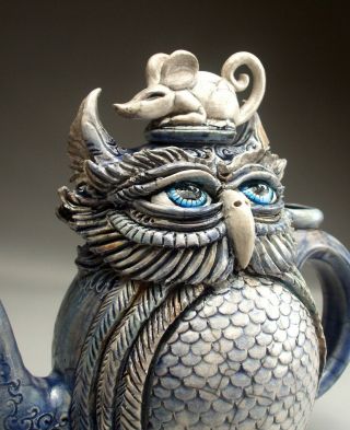 Owl & Mouse Teapot pottery folk art sculpture by face jug maker Mitchell Grafton 10