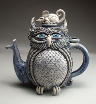 Owl & Mouse Teapot Pottery Folk Art Sculpture By Face Jug Maker Mitchell Grafton