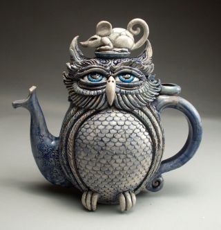 Owl & Mouse Teapot pottery folk art sculpture by face jug maker Mitchell Grafton 2