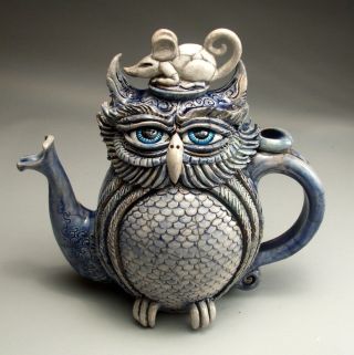 Owl & Mouse Teapot pottery folk art sculpture by face jug maker Mitchell Grafton 3