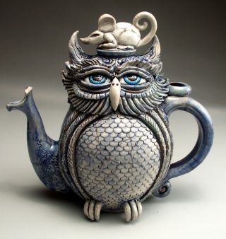 Owl & Mouse Teapot pottery folk art sculpture by face jug maker Mitchell Grafton 4