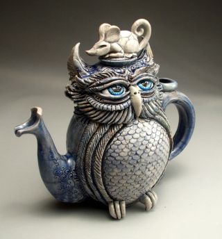Owl & Mouse Teapot pottery folk art sculpture by face jug maker Mitchell Grafton 5