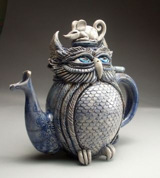 Owl & Mouse Teapot pottery folk art sculpture by face jug maker Mitchell Grafton 6