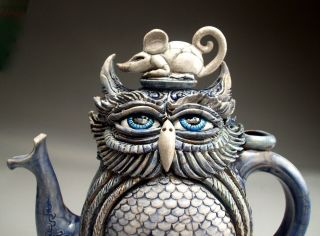 Owl & Mouse Teapot pottery folk art sculpture by face jug maker Mitchell Grafton 8
