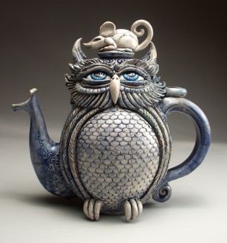 Owl & Mouse Teapot pottery folk art sculpture by face jug maker Mitchell Grafton 9