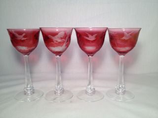 Gorgeous Set Of 4 Moser Glass Signed Ruby Engraved Wine Glasses