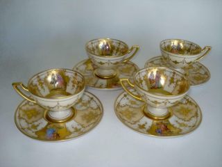 Fine Antique Set 4 Hutschenreuther Dresden Gilt Jeweled Teacups & Saucers Exc