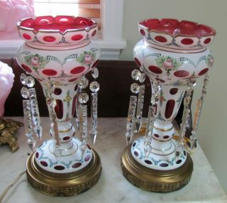 Pair Czech Bohemian Cranberry - Wht Mantle Lustres Hnd - Ptd Pink Roses Spear Prisms