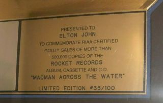 Elton John Madman Across The Water RIAA Award presented to and signed by Elton 4