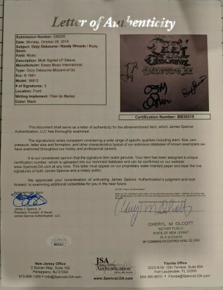 Ozzy Osbourne Randy Rhoads Rudy Sarzo Autographed Blizzard Of Ozz JSA 12