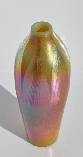Rare Tiffany Studios Lct Small Pulled Feather Vase,  Iridescent Favrile Glass