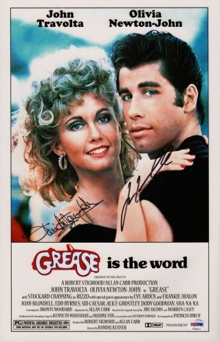 John Travolta & Olivia Newton - John Signed Grease 11x17 Movie Poster Psa V28810
