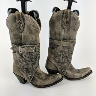 Miranda Lambert OLD GRINGO Grey Leather Studded Buckle Cowboy Boots Size 9 B 2