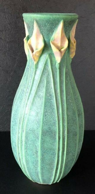 Jemerick Art Pottery Tall Blue Green Matte Vase With Yellow Flowers