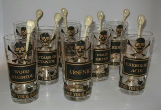 Vtg Georges Briard Set Of 8 Name Your Poison Glasses Tumbler With Skull Stirrers